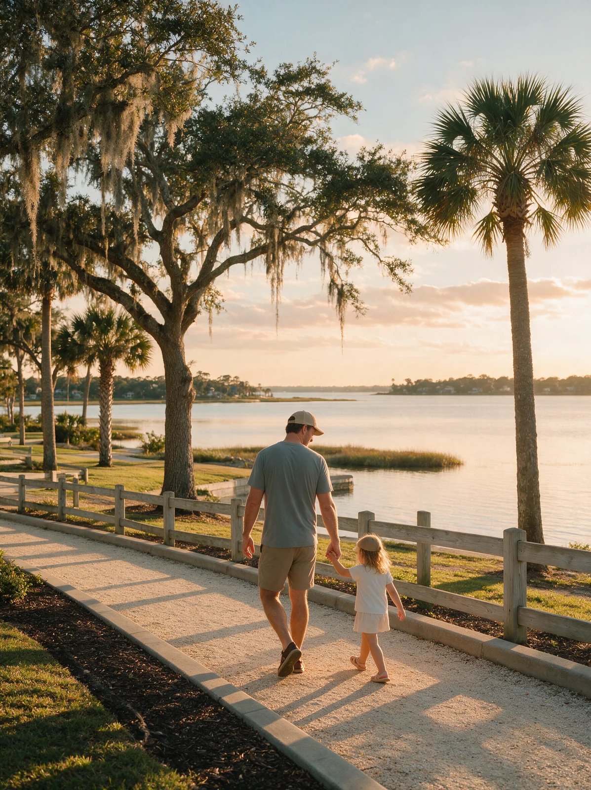 A father and his young daughter walking a Tampa waterfront promenade at golden hour